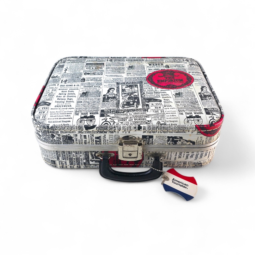 Vintage American Tourister "The Emporium" Newsprint Suitcase – Retro Hard Shell - Picture 2 of 6